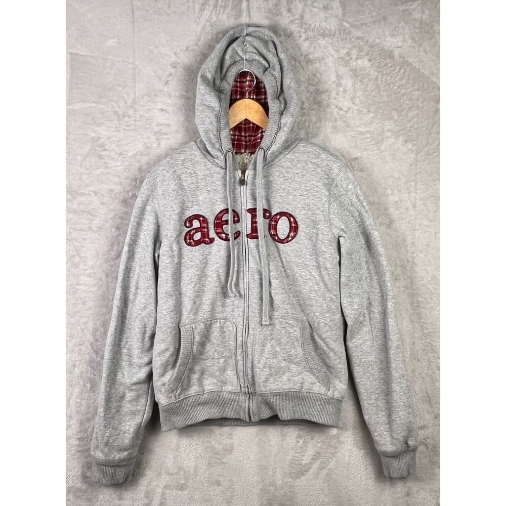 Y2K Aeropostale Gray Sherpa Lined Full Zip Hoodie Plaid Logo XL Vintage 2000s